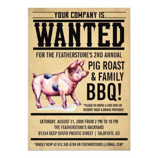Vintage Pig Roast Family BBQ Invitations 5" X 7