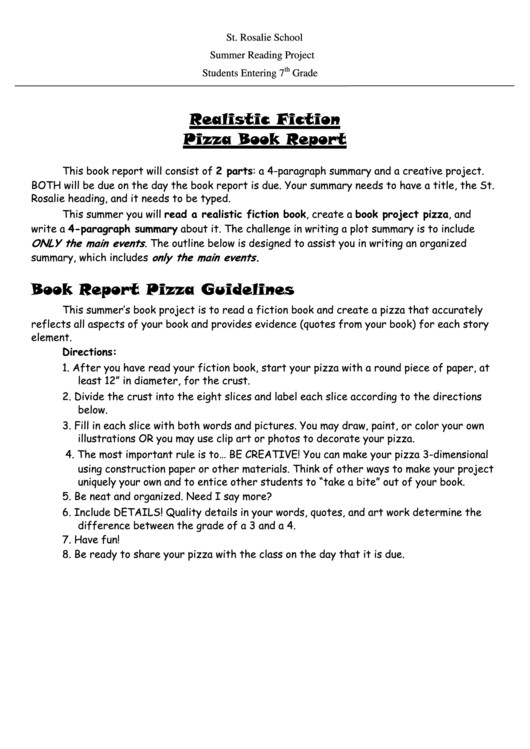 Realistic Fiction Pizza Book Report Template printable pdf