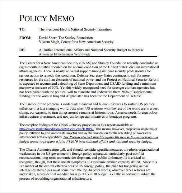 Sample Policy Memo 5 Documents in Word PDF