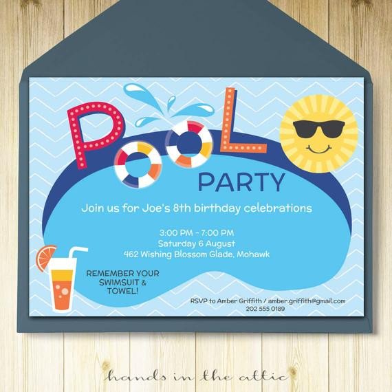 Pool party invitation card editable template party printable