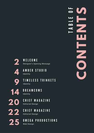 Pastel Pink Typography Portfolio General Table of Contents