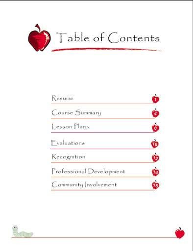 Teaching portfolio table of contents