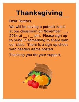 Thanksgiving Potluck Lunch Invitation Letter to Parents by