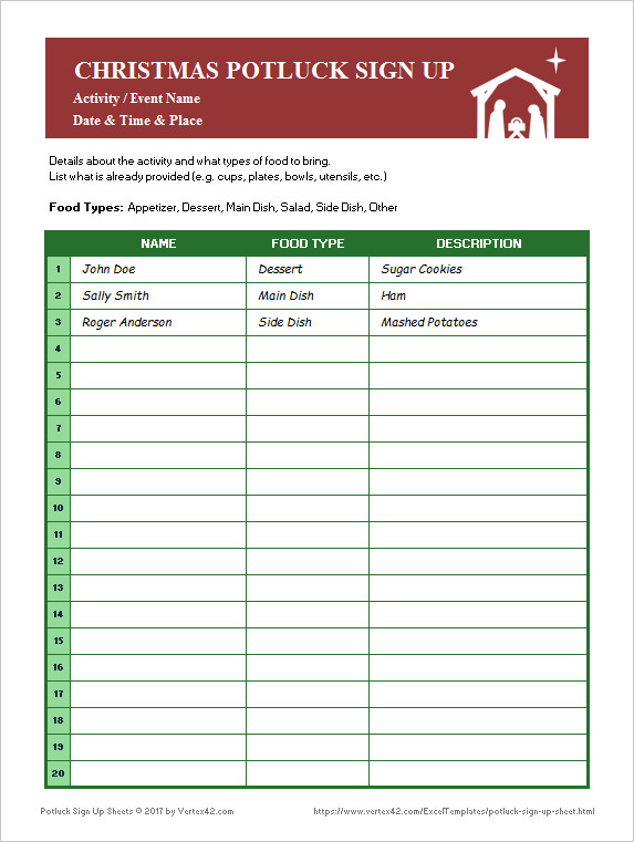 Download the Christmas Potluck Sign Up Sheet from Vertex42