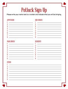 Editable Printable Sign Up Sheet for potluck