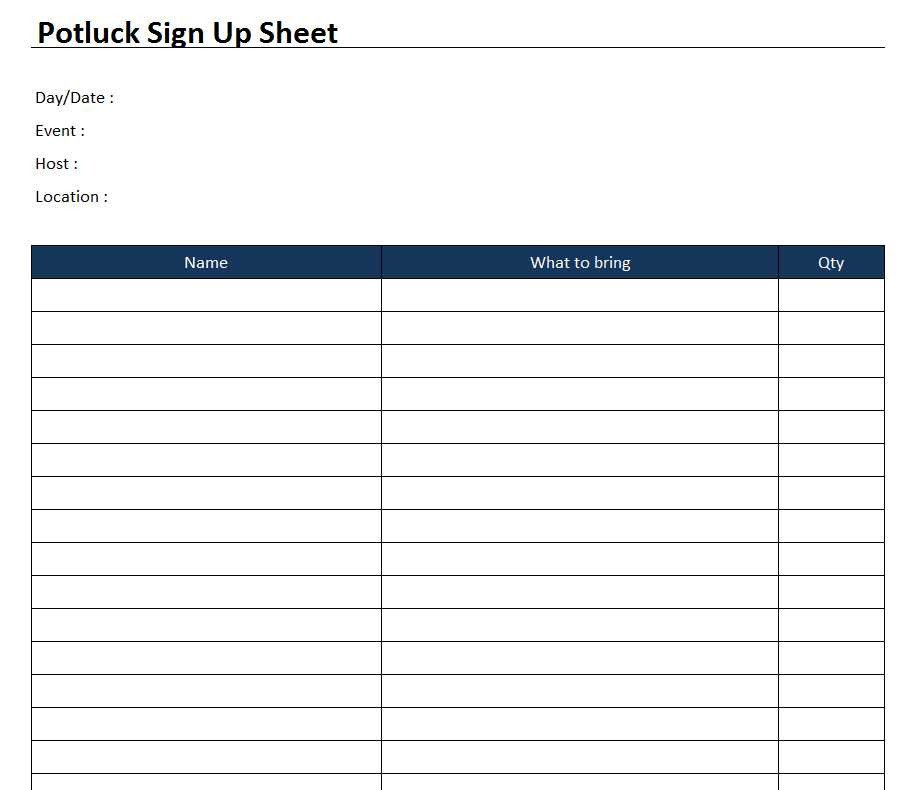 Potluck Sign Up Sheet Template Free Excel Templates and