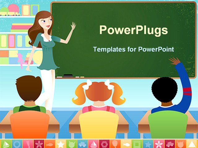 PowerPoint Template teacher and three pupils in classroom