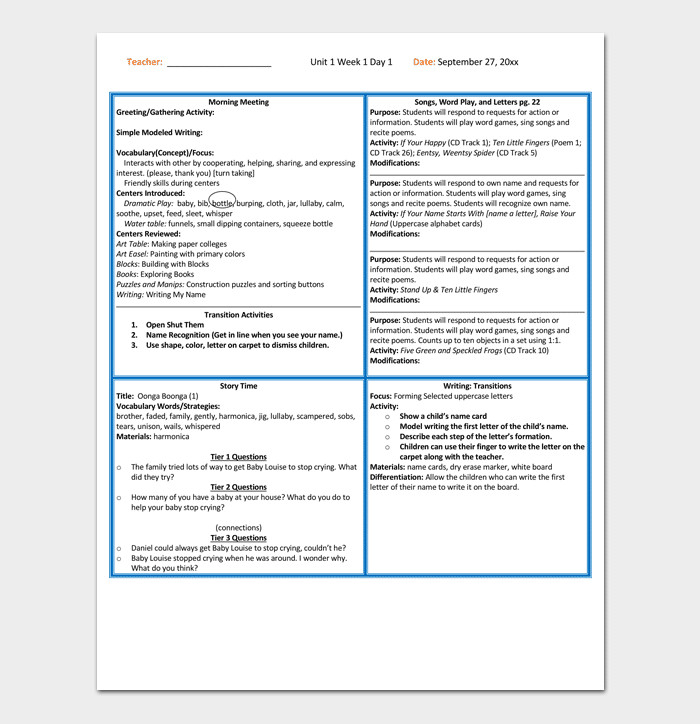 Preschool Lesson Plan Template Daily Weekly Monthly