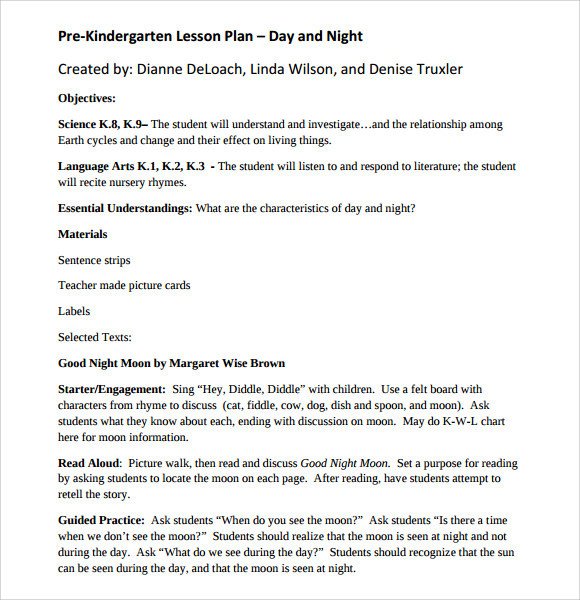 Sample Kindergarten Lesson Plan Template 8 Free