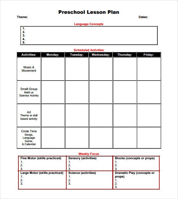 Sample Preschool Lesson Plan 10 PDF Word Formats