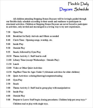 Daycare Schedule Template 7 Free Word PDF Format