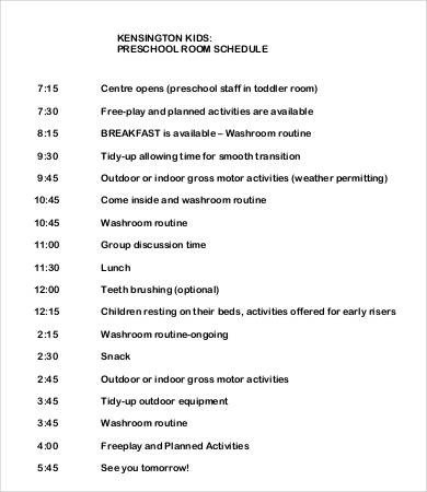 Preschool Schedule Template 7 Free Word PDF Documents