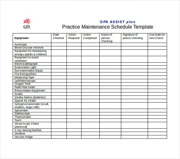 Preventive Maintenance Schedule Template Excel