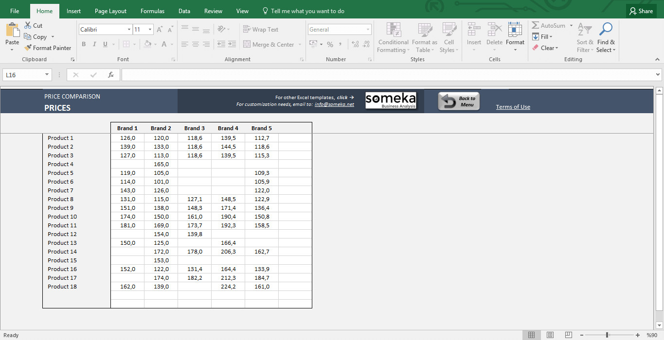 Price parison and Analysis Excel Template for Small