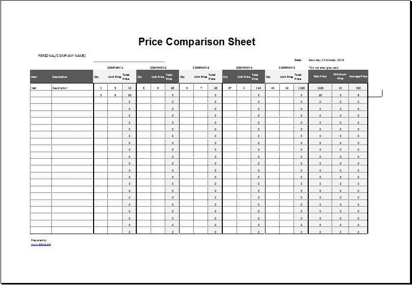 Price parison Sheet Template for EXCEL