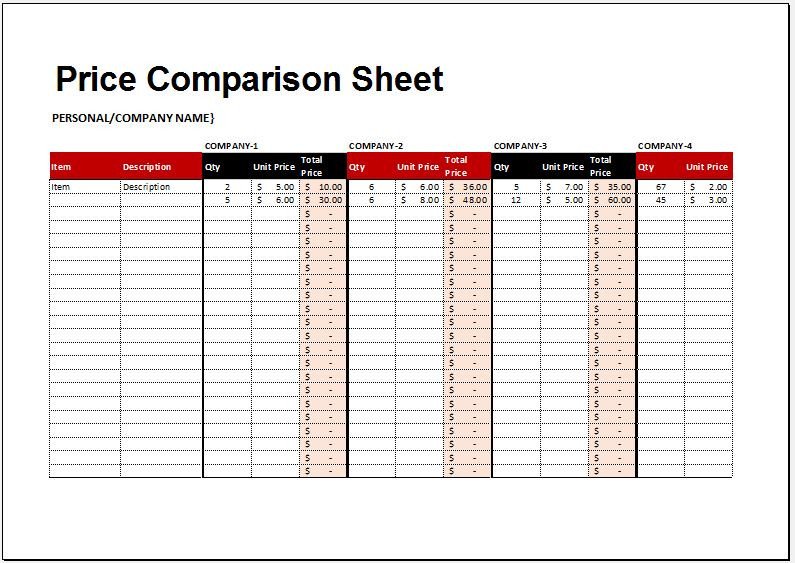 Price parison Sheet Template for Excel
