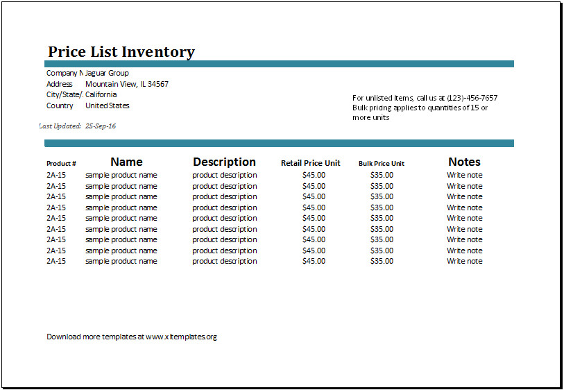 MS Excel Price List Inventory Template