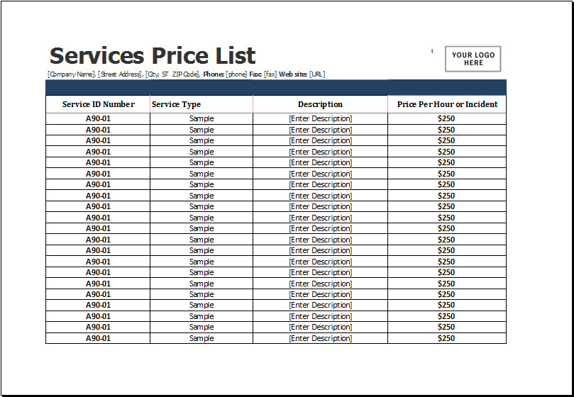 Services Price List Template for MS Excel