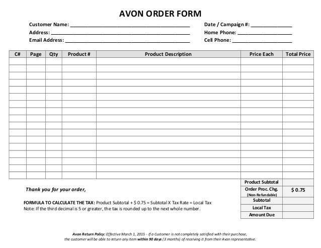 Avon Order Form Blank Word Version