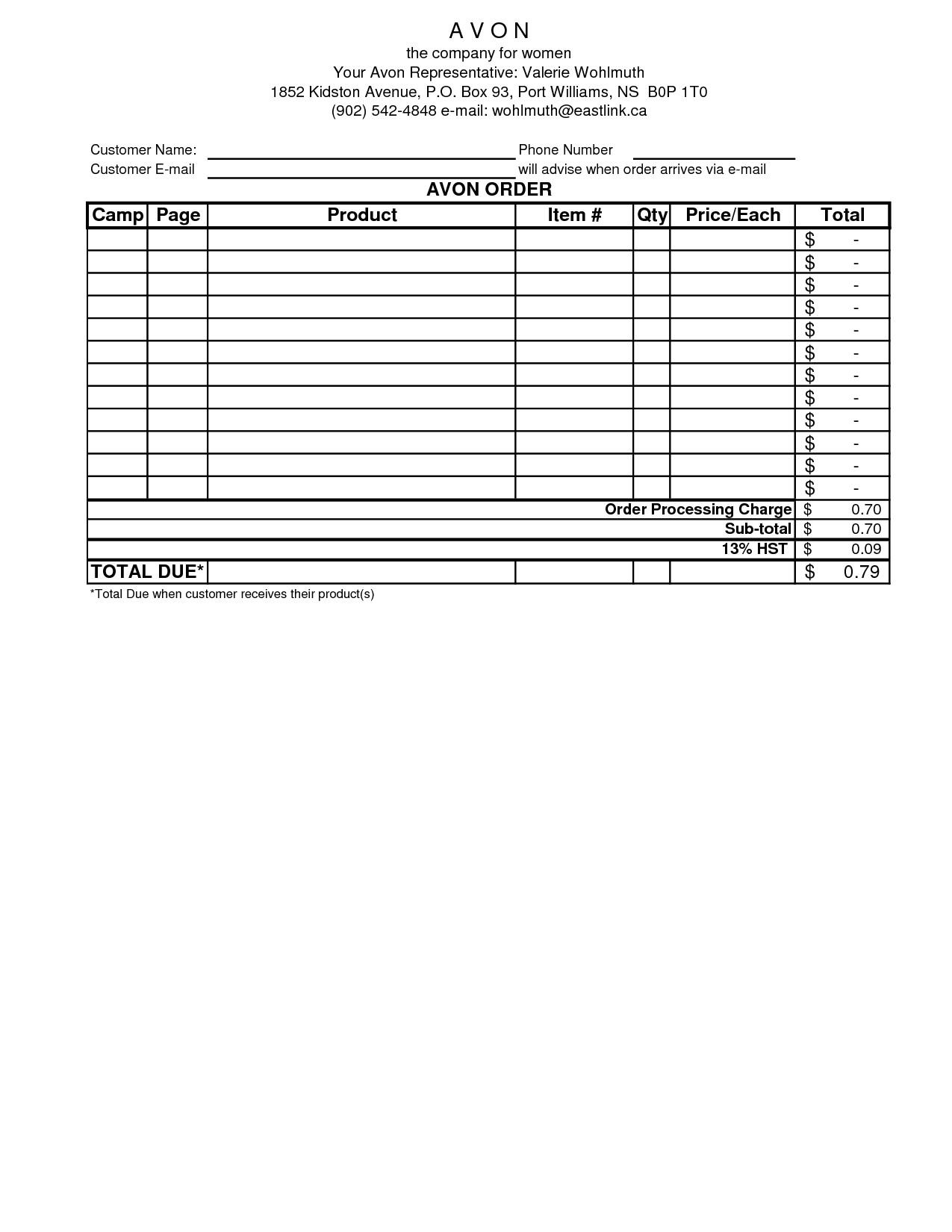 Avon Order Form Excel business