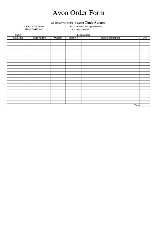 Avon Order Form printable pdf