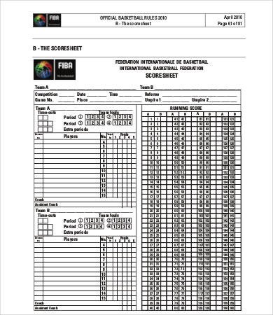 Basketball Score Sheet 10 Free PDF Documents Download