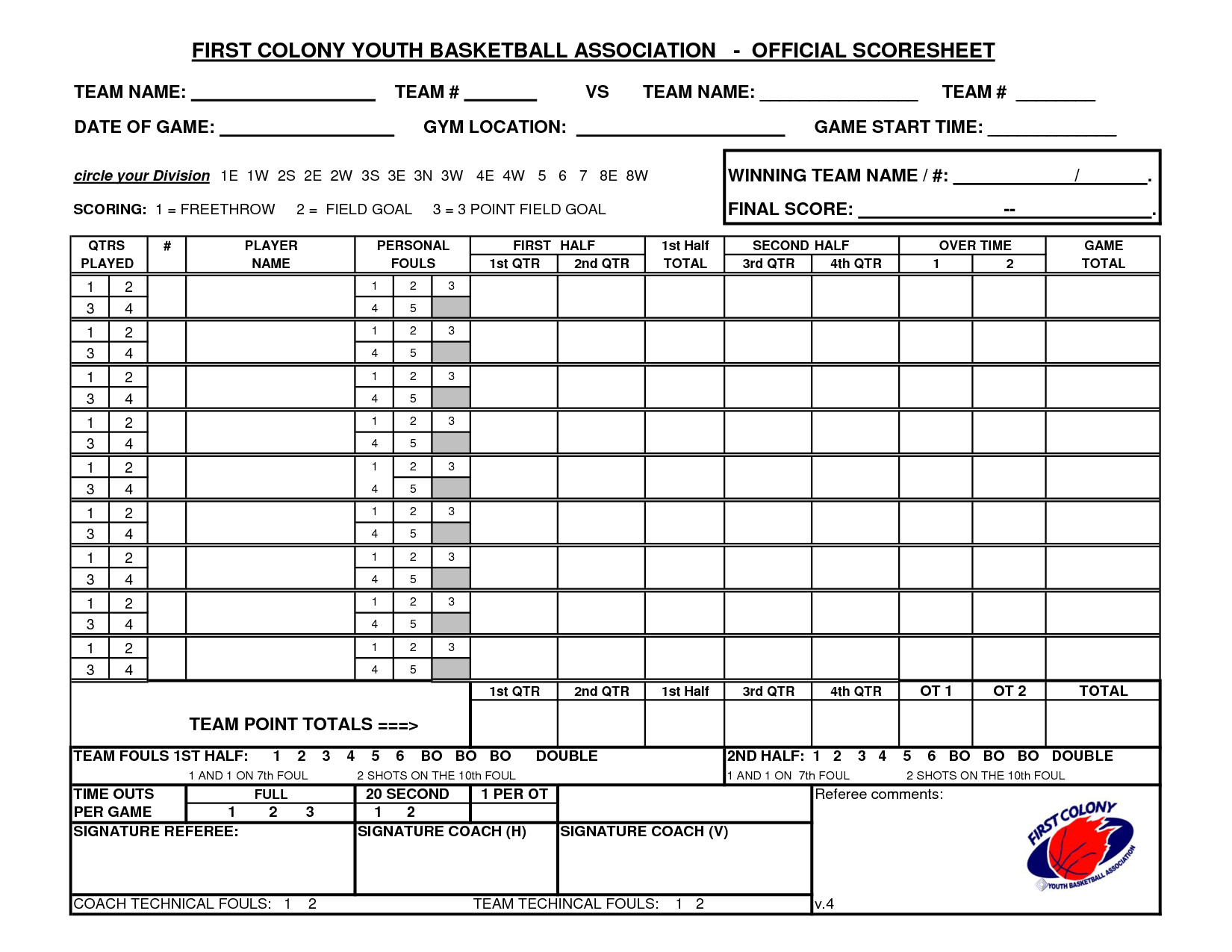 Youth Basketball Score Sheet Pdf