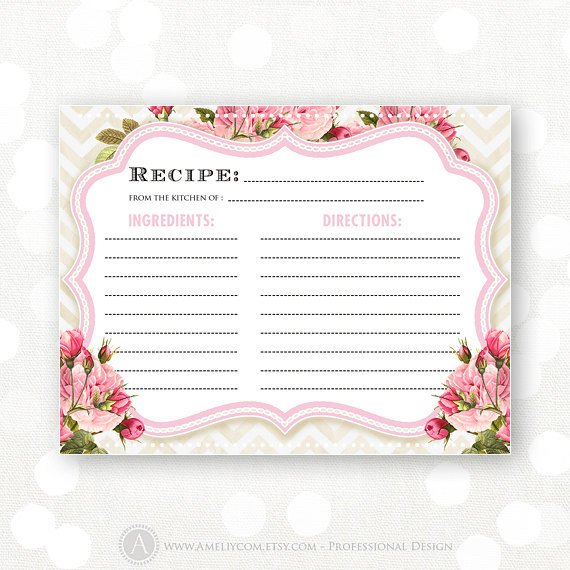 Recipe Cards Printable Bridal Shower Pink Flowers & Chevron
