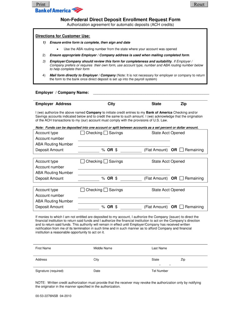 Free Bank of America Direct Deposit Form PDF