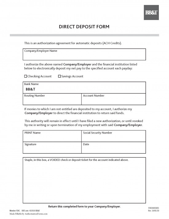 Free BB&T Bank Direct Deposit Authorization Form PDF
