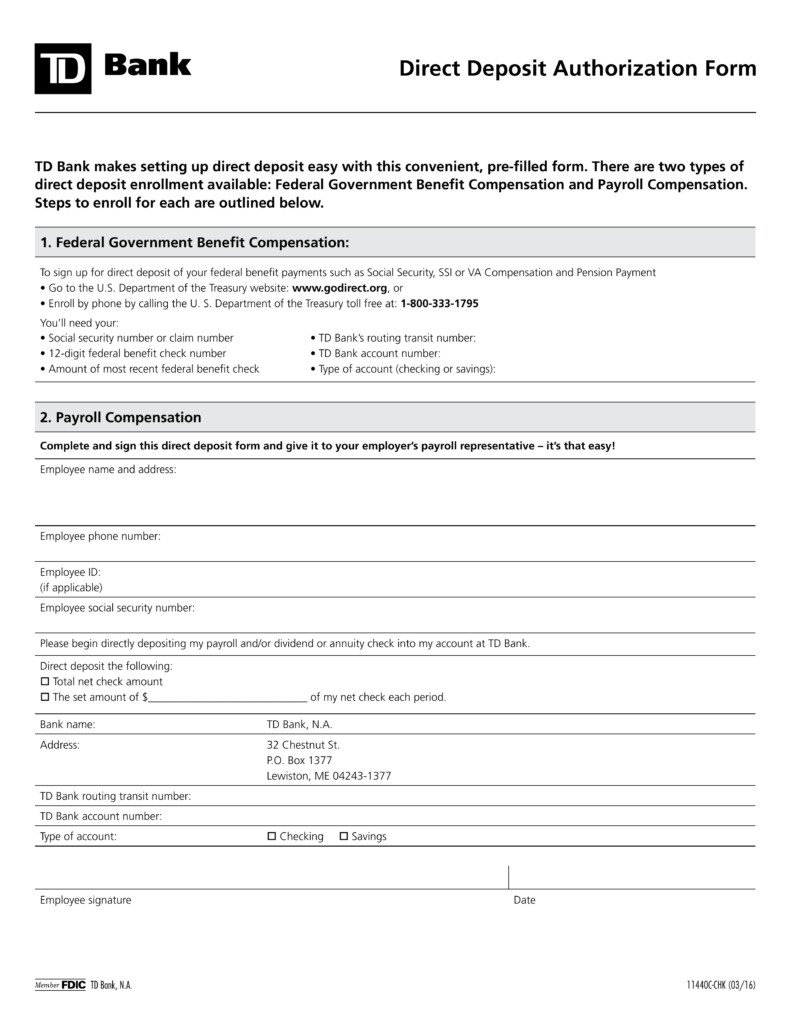 Free TD Bank Direct Deposit Authorization Form PDF