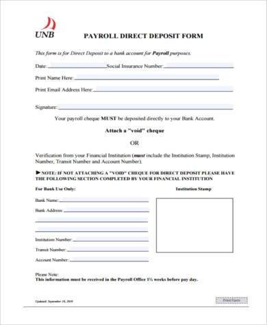 Printable Direct Deposit Form Samples 8 Free Documents