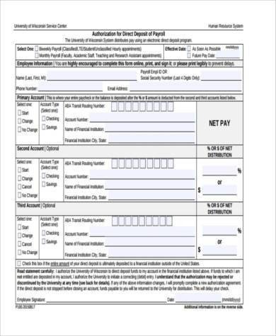 Printable Direct Deposit Form Samples 8 Free Documents