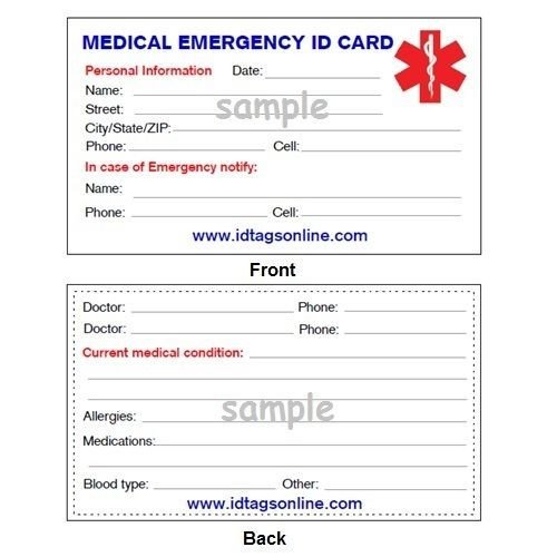100 Medical Emergency wallet cards for Medical Alert Id