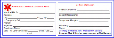 Free Printable Medical ID Cards Health and Beauty