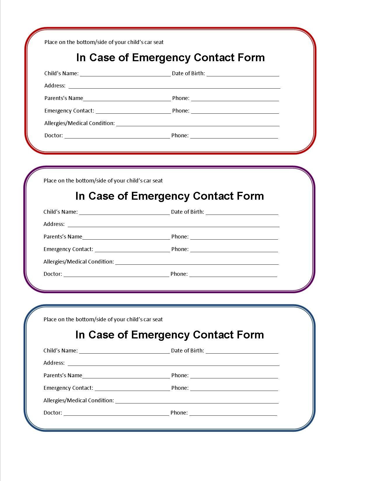 printable emergency contact form for car seat