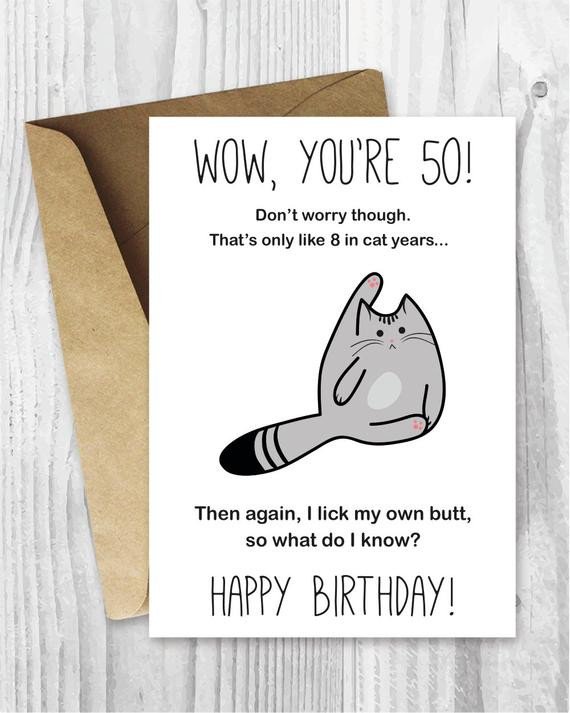 50th Birthday Card Printable Birthday Card Funny Cat
