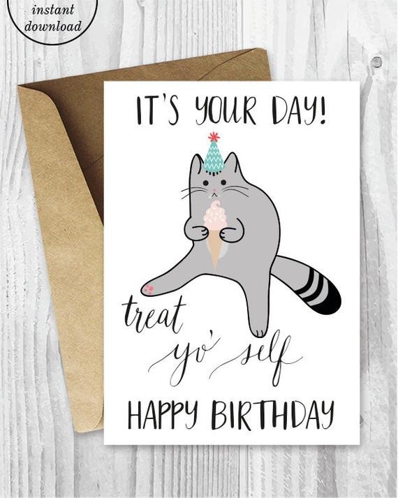 Printable Birthday Cards Treat Yo Self Funny Cat Birthday