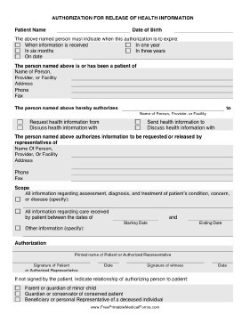 Printable Health Information Release Authorization Form