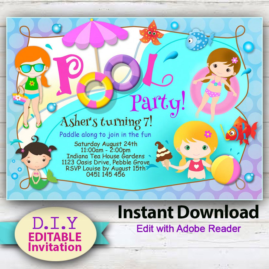 EDITABLE Printable Pool Party Invitation Cute party