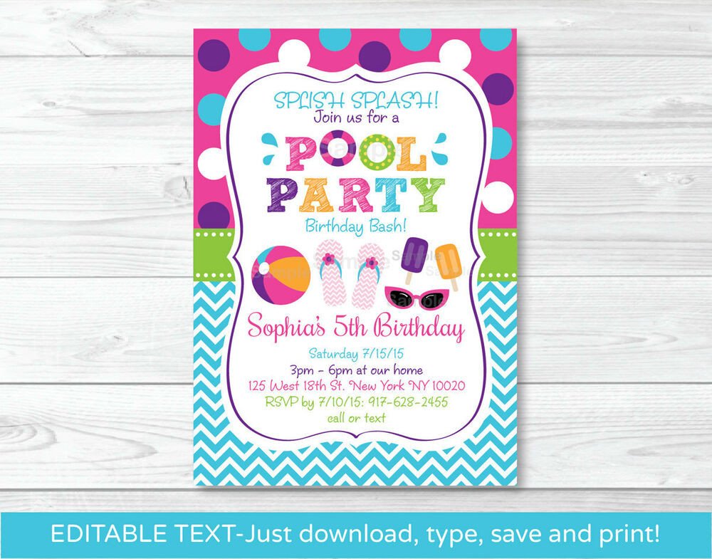 Girls Pool Party Printable Birthday Invitation Editable