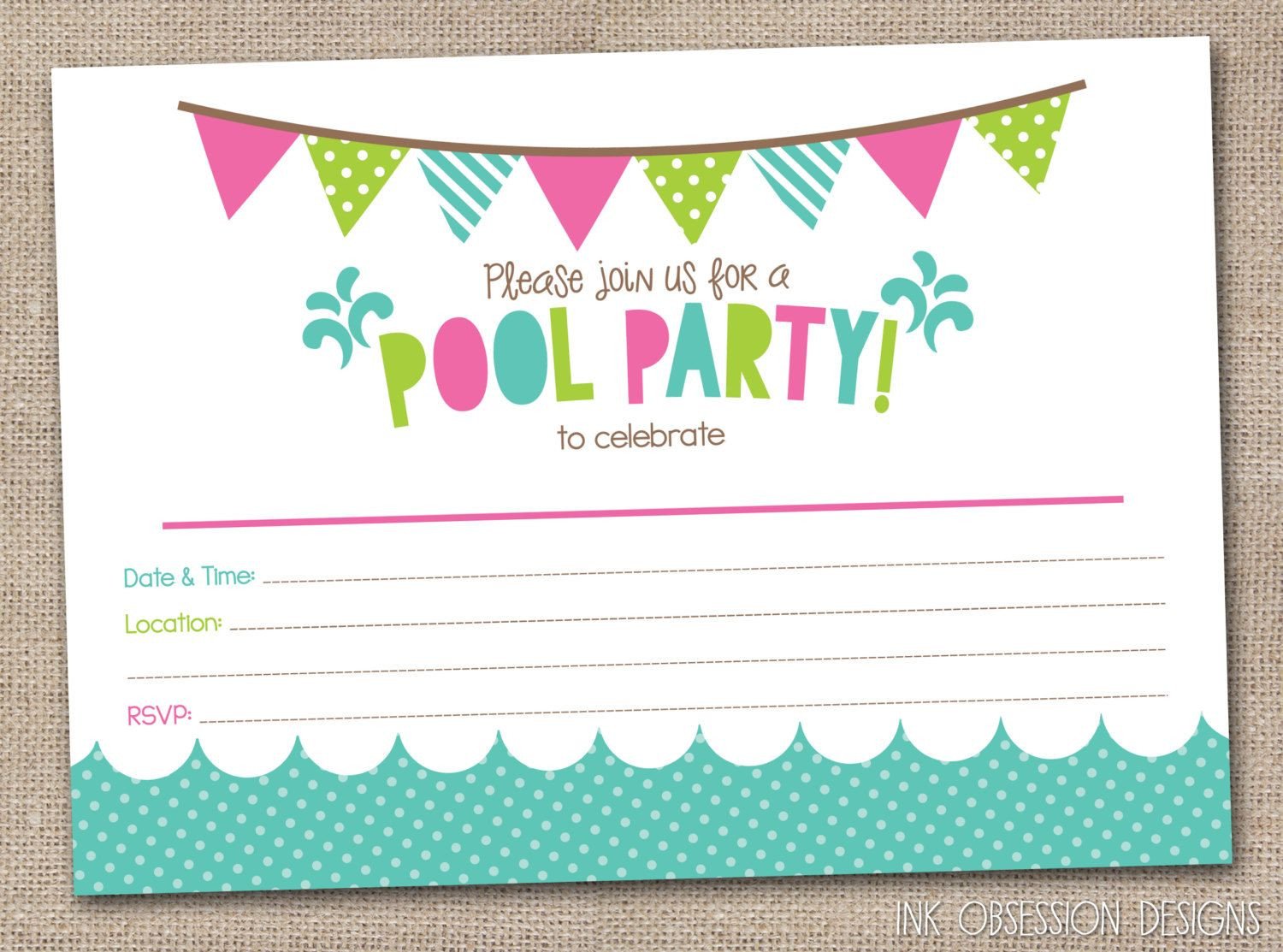 Girls Pool Party Printable Invitation Fill by