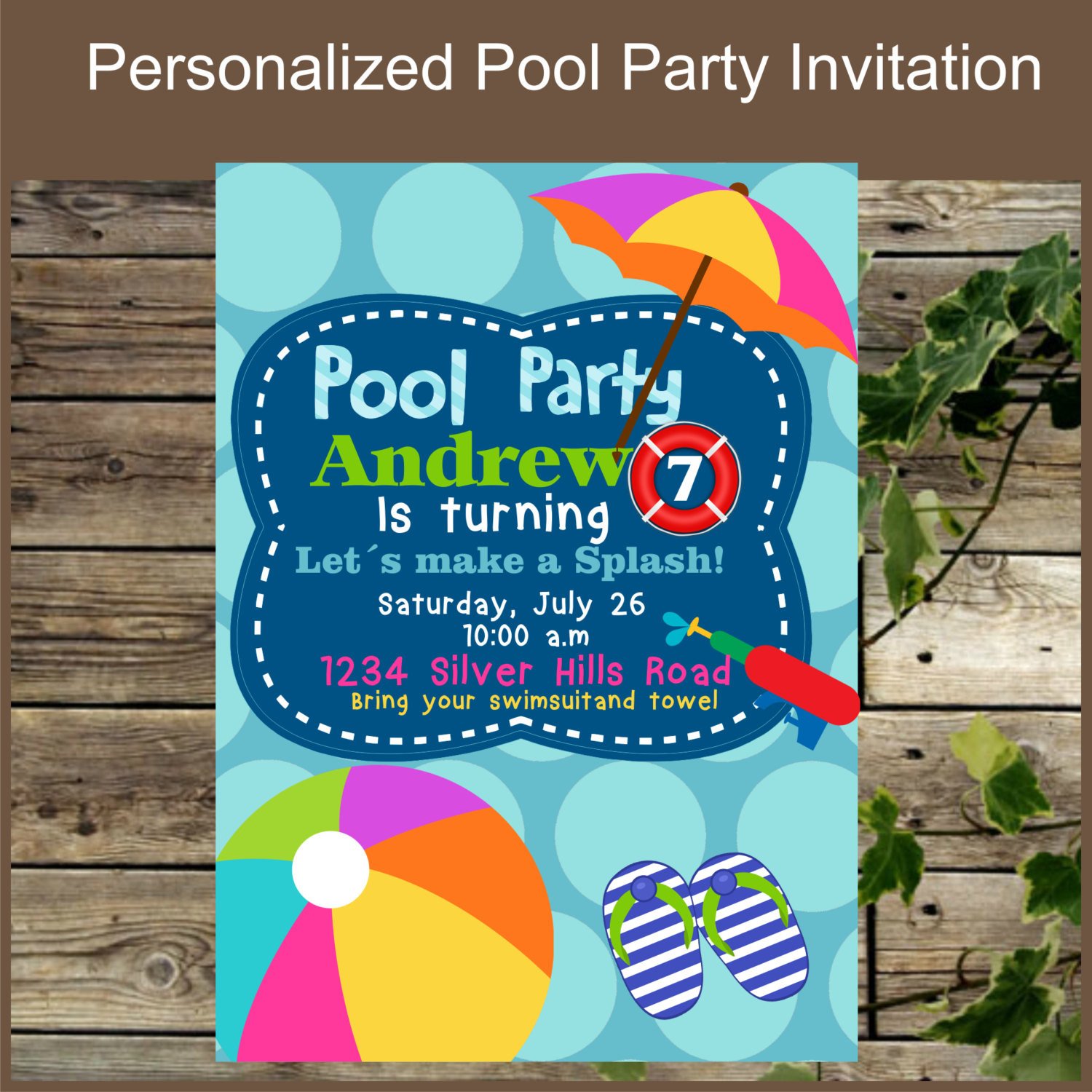 Printable Pool Party Invitation Birthday Invitation for