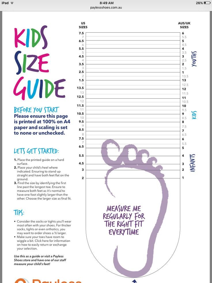 Printable kid s shoe size chart from Payless shoes