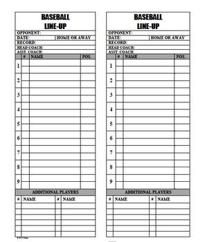 Baseball Softball Line Up Roster Card for Coaches Dugout