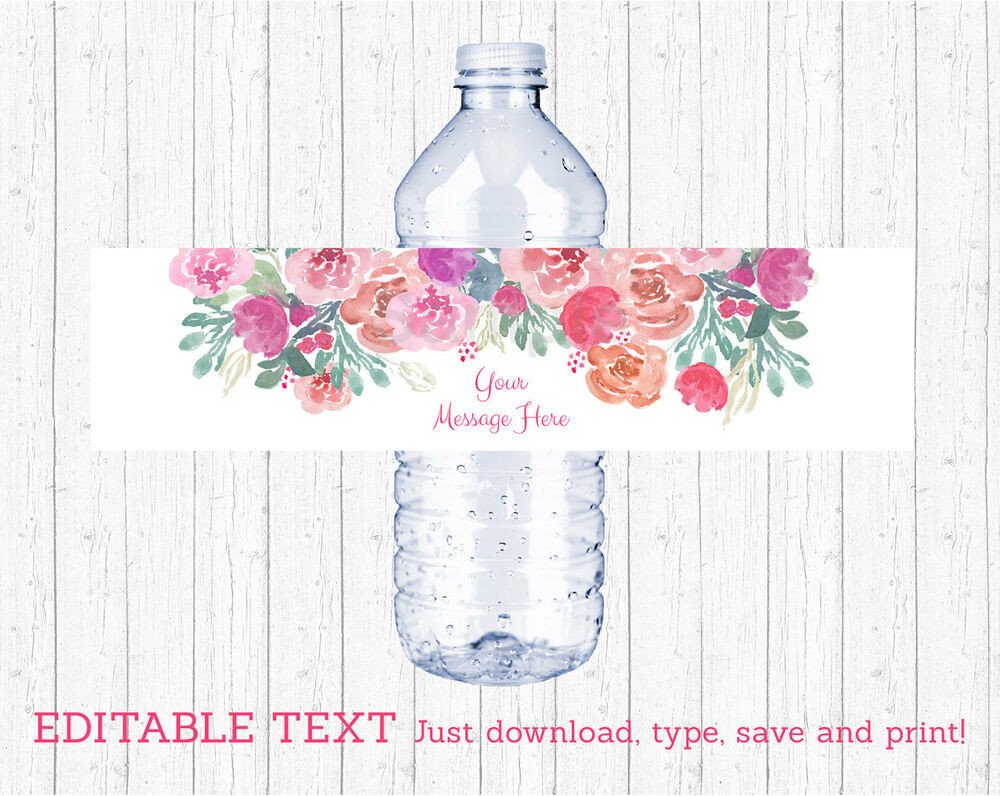 Pink Watercolor Flowers Water Bottle Labels Printable
