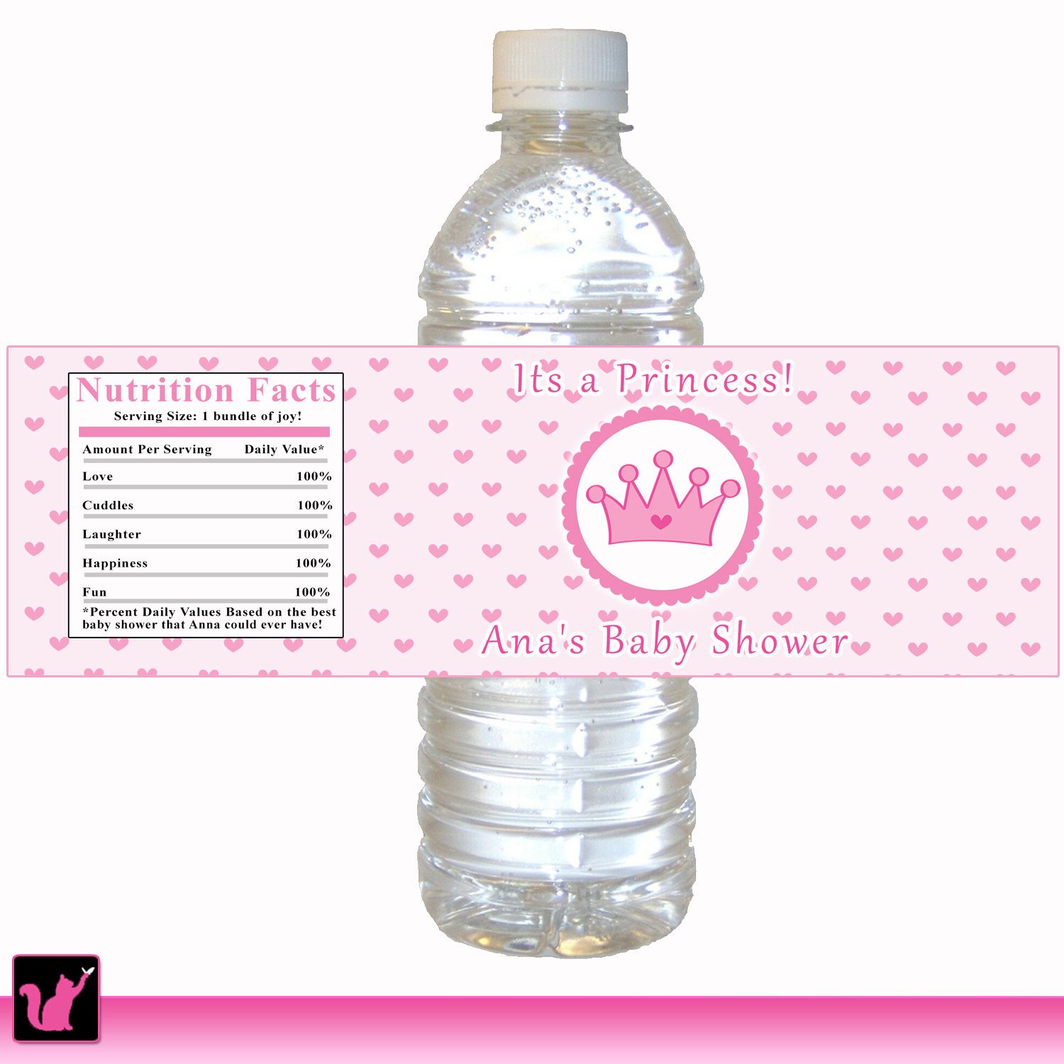Printable Personalized Pink Hearts Crown Princess Water Bottle