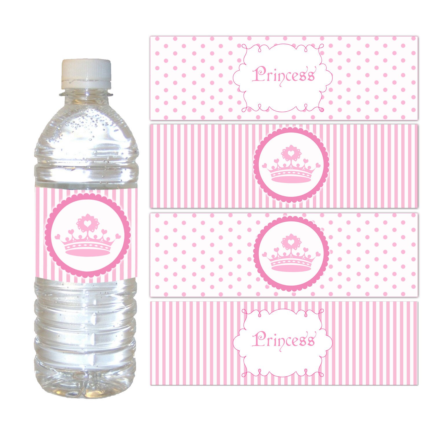 Printable Pink Polka Dots Stripes Princess Crown Water Bottle