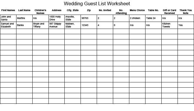 Wedding Guest List Worksheet