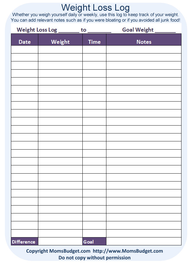 Weight Loss Log Free Printable Worksheet From